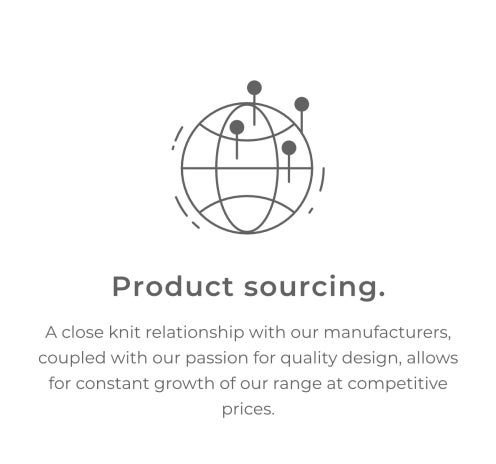 Product sourcing. A close knit relationship with our manufacturers, coupled with our passion for quality design, allows for constant growth of our range at competitive prices.